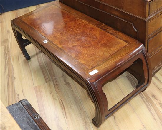 A Chinese Hongmu and burr wood low table W.121cm